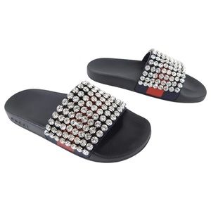 Gucci Crystal Embellished Web Slide Sandals Calfskin Leather and Rubber NEW 38